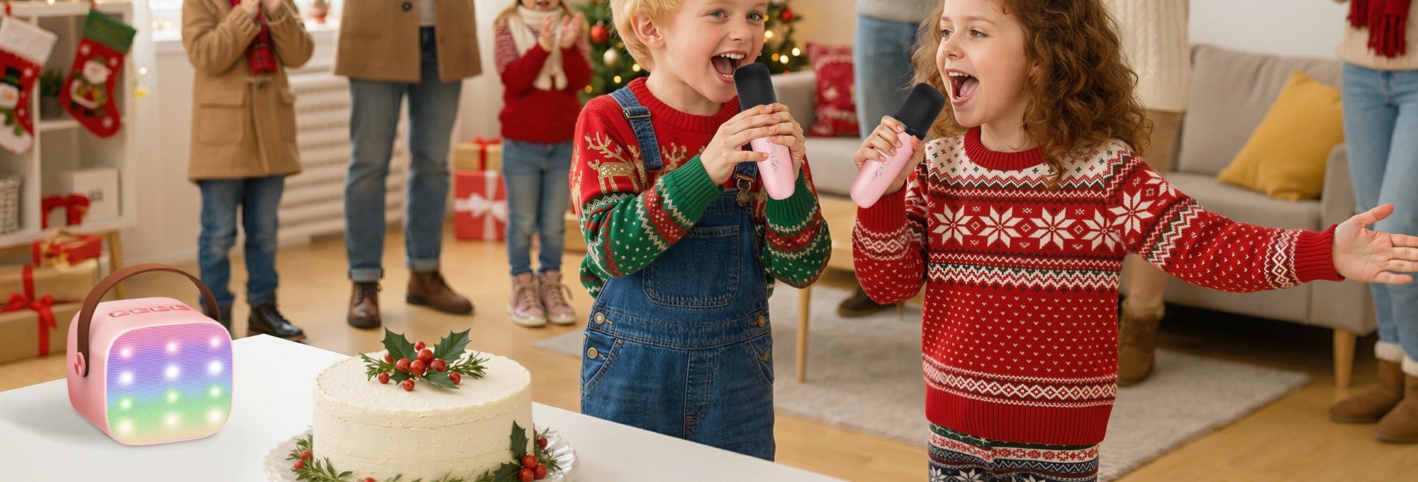 Two kids singing a duet with YLL microphones at a holiday party