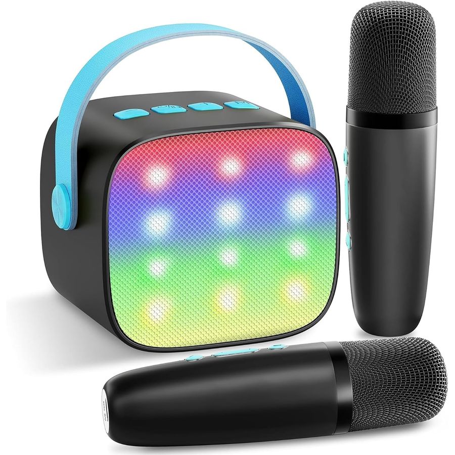 YLL Mini Karaoke Machine, Black with Aqua Strap and 2 Mics