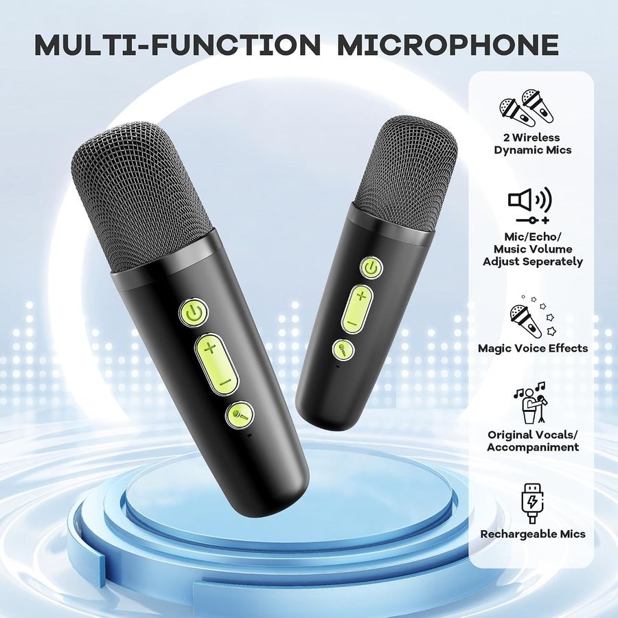 YLL Mini Karaoke Machine, Black with Lime Accents and 2 Mics, view 4