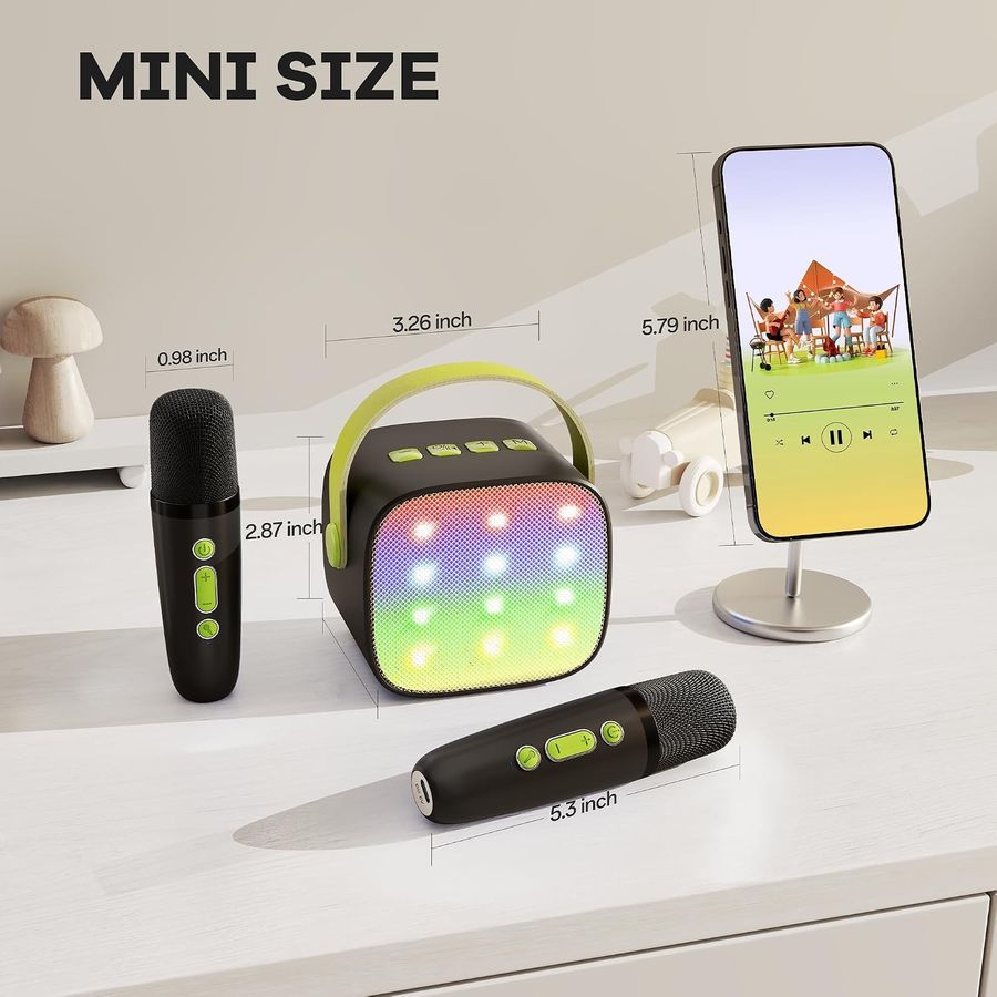 YLL Mini Karaoke Machine, Black with Lime Accents and 2 Mics, view 6
