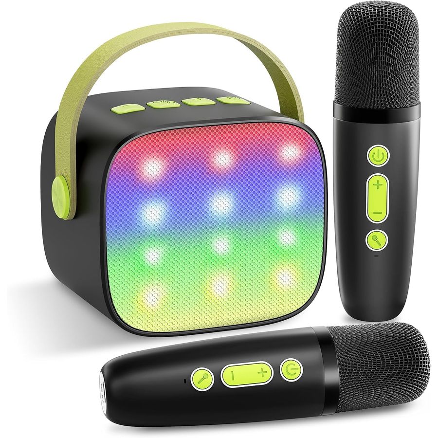 YLL Mini Karaoke Machine, Black with Lime Accents and 2 Mics