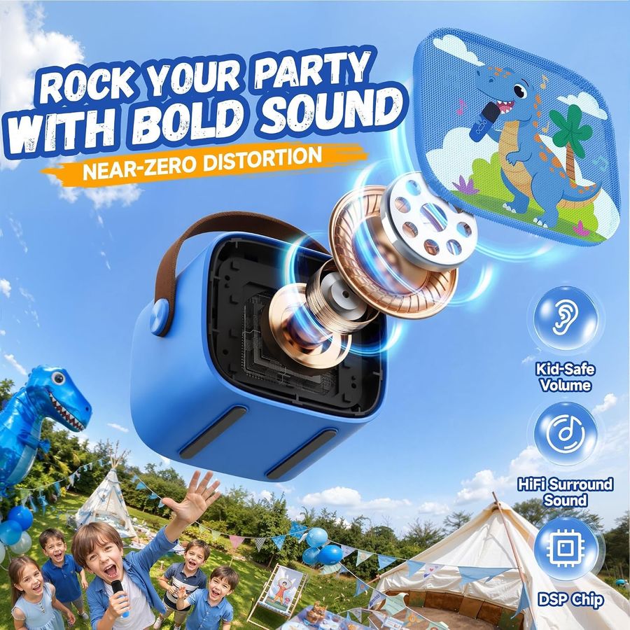 YLL Mini Karaoke Machine, Blue Dinosaur with 2 Mics, view 2