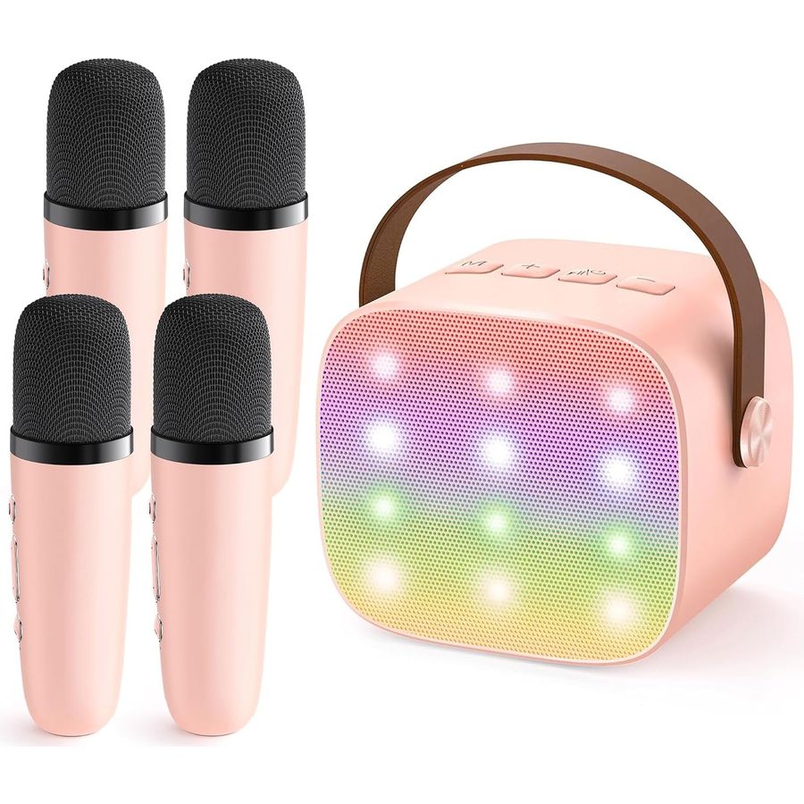 YLL Mini Karaoke Machine, Blush Pink with 4 Mics