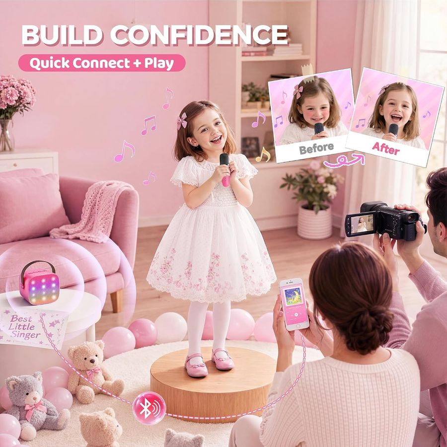 YLL Mini Karaoke Machine, Bubblegum Pink with 2 Mics, view 6