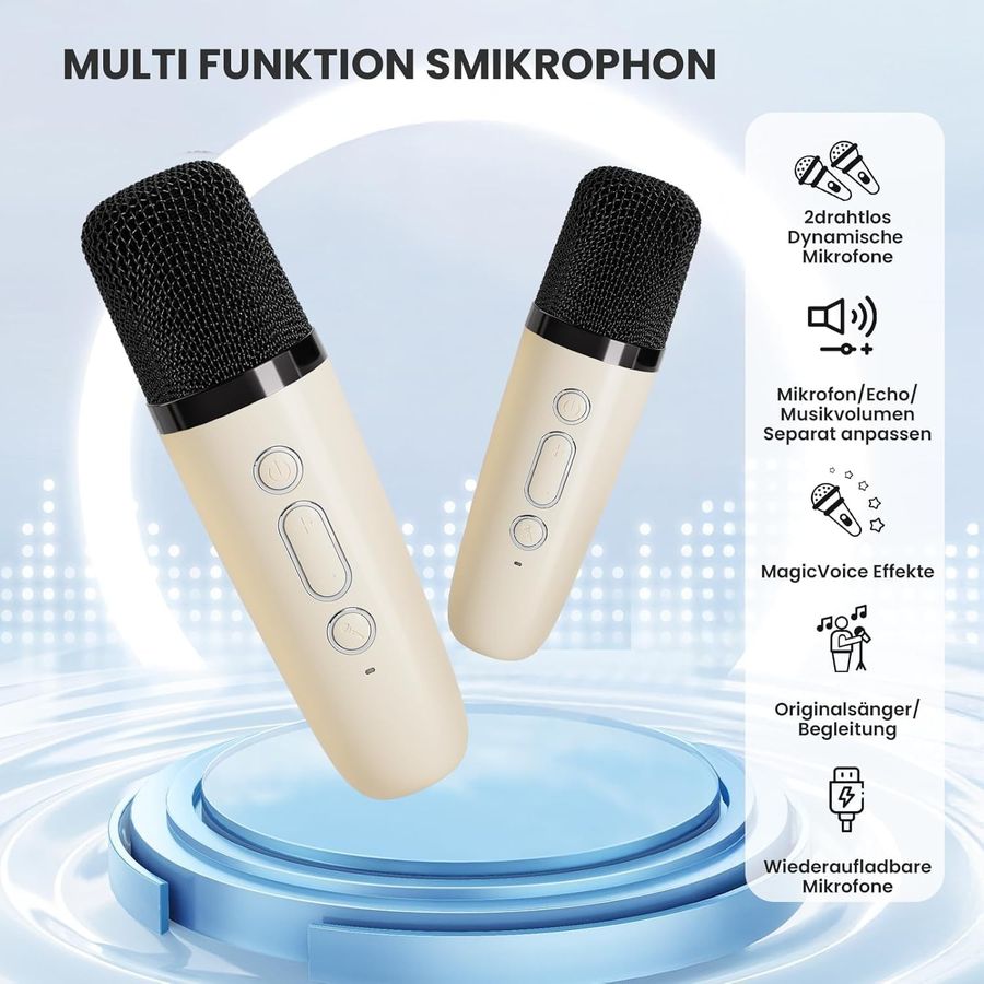 YLL Mini Karaoke Machine, Cream with 2 Mics, view 3