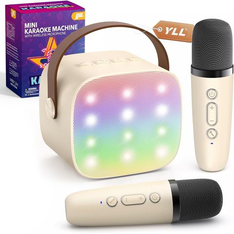 YLL Mini Karaoke Machine, Cream with 2 Mics
