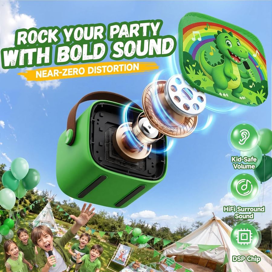 YLL Mini Karaoke Machine, Green Dinosaur with 2 Mics, view 2