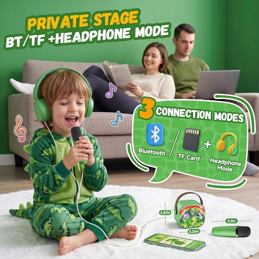 YLL Mini Karaoke Machine, Green Dinosaur with 2 Mics, view 4