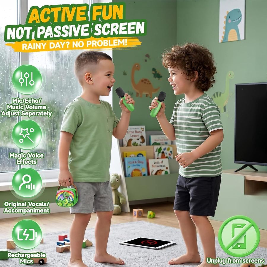 YLL Mini Karaoke Machine, Green Dinosaur with 2 Mics, view 5