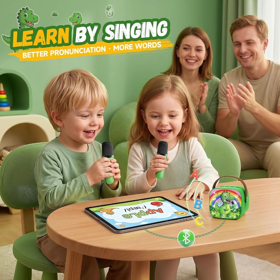 YLL Mini Karaoke Machine, Green Dinosaur with 2 Mics, view 6