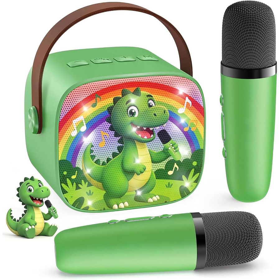 YLL Mini Karaoke Machine, Green Dinosaur with 2 Mics