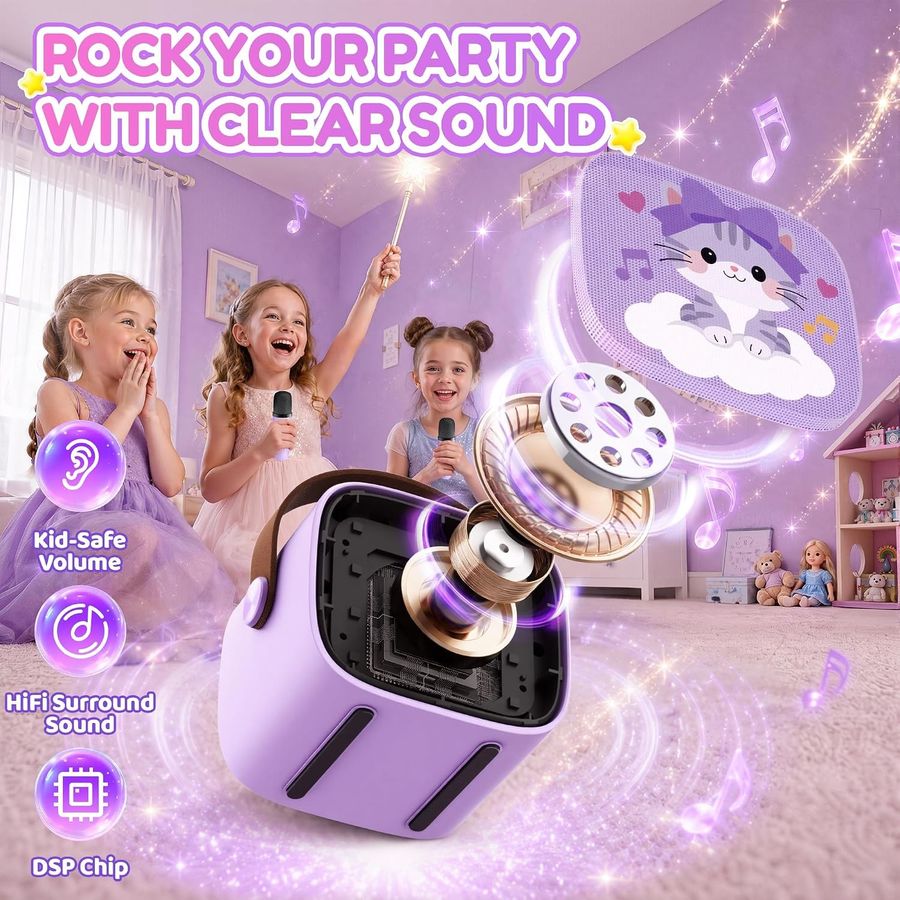 YLL Mini Karaoke Machine, Lavender Kitty with 2 Mics, view 2