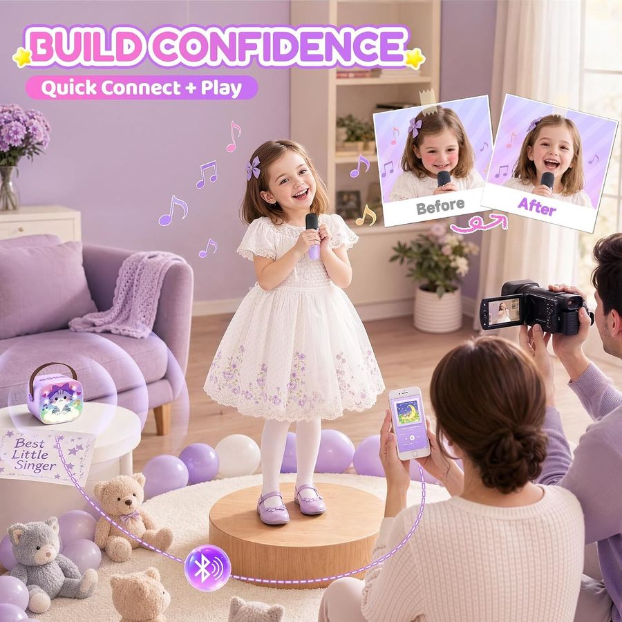 YLL Mini Karaoke Machine, Lavender Kitty with 2 Mics, view 5