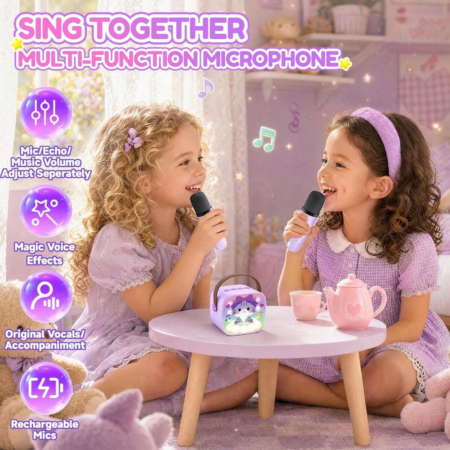 YLL Mini Karaoke Machine, Lavender Kitty with 2 Mics, view 6