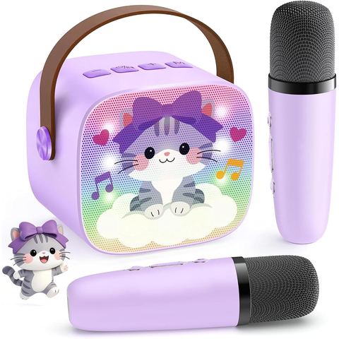 YLL Mini Karaoke Machine, Lavender Kitty with 2 Mics