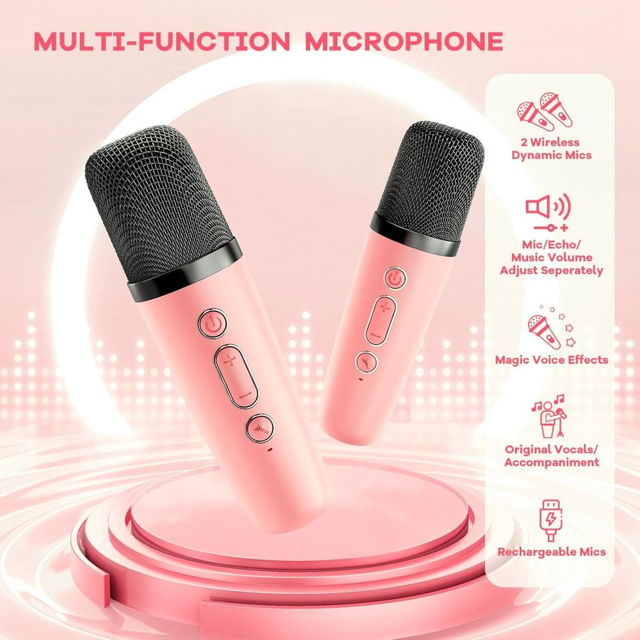 YLL Mini Karaoke Machine, Peach Pink with 2 Mics, view 5