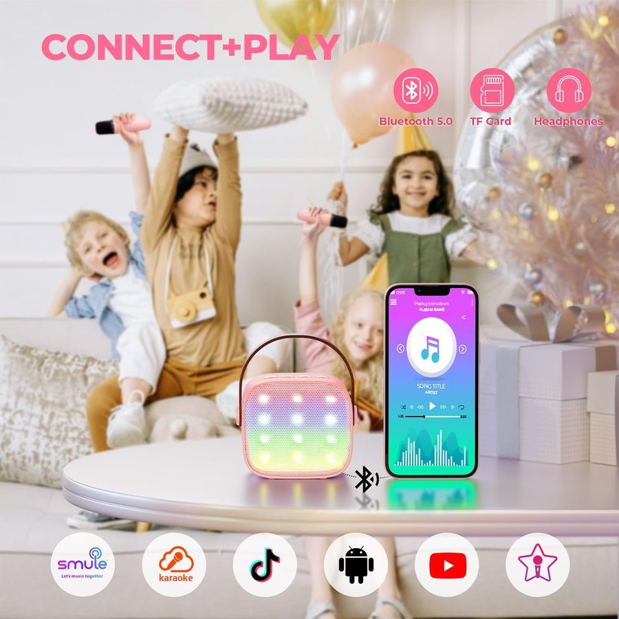YLL Mini Karaoke Machine, Peach Pink with 2 Mics, view 6