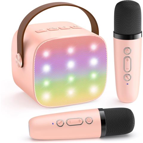 YLL Mini Karaoke Machine, Peach Pink with 2 Mics