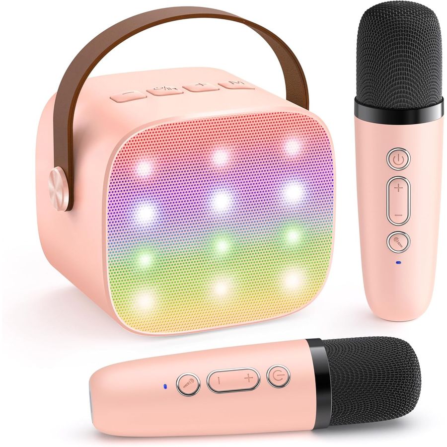 YLL Mini Karaoke Machine, Peach Pink with 2 Mics