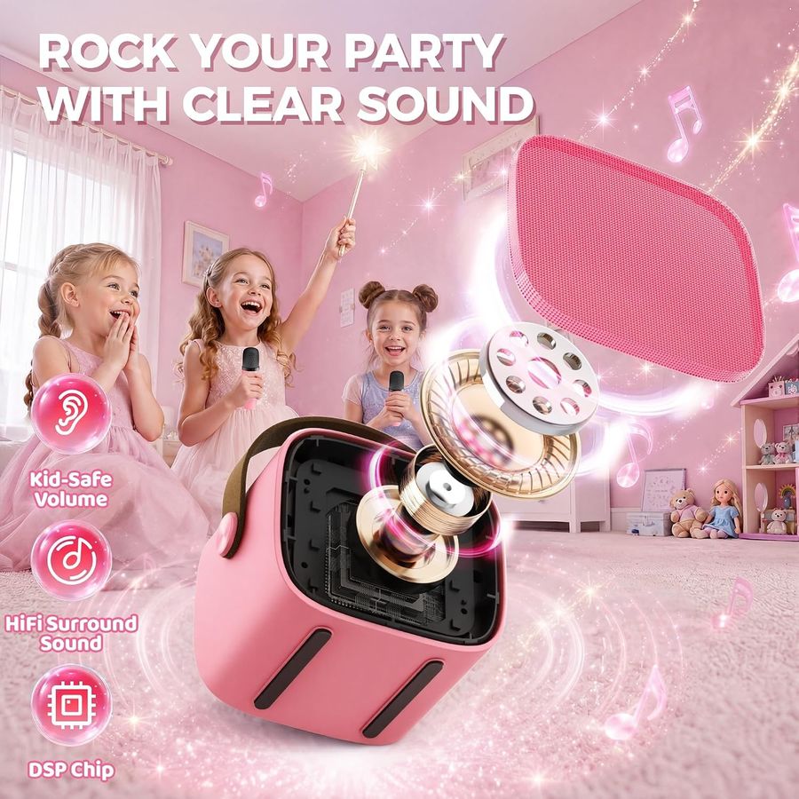 YLL Mini Karaoke Machine, Rose Pink with 2 Mics, view 3