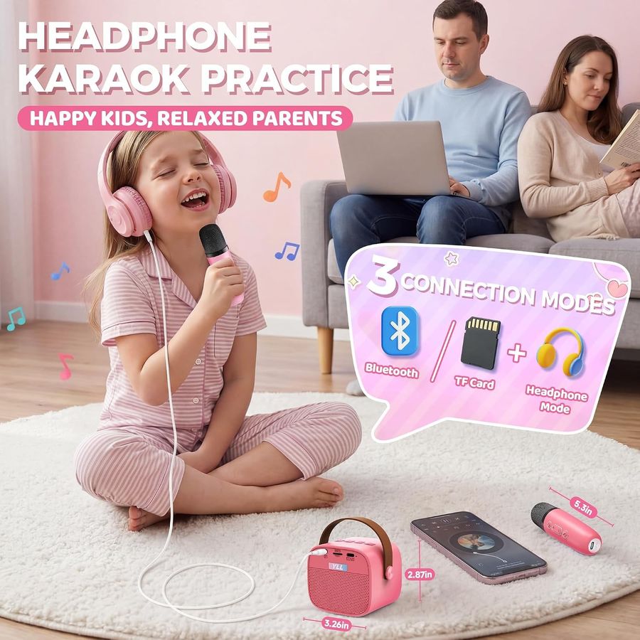 YLL Mini Karaoke Machine, Rose Pink with 2 Mics, view 5