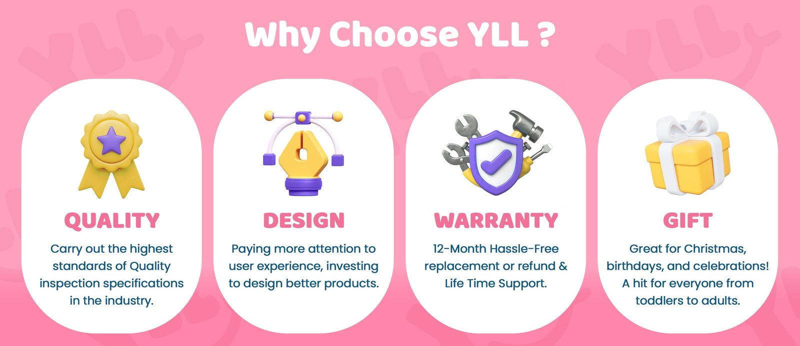 Why choose YLL: quality, design, replacement promise and gift-ready boxes